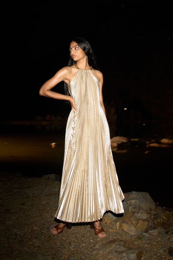 Champagne Lamé Sunray Pleated Halter Maxi Dress — Dash and Dot