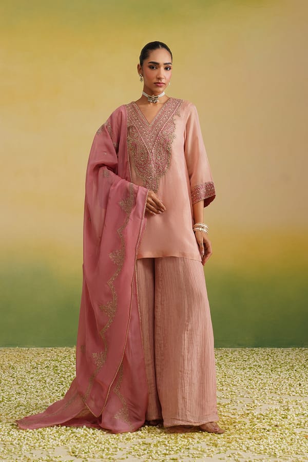 Naaz Blush Pink Hand Embroidered Sharara Set — INCHING INDIA