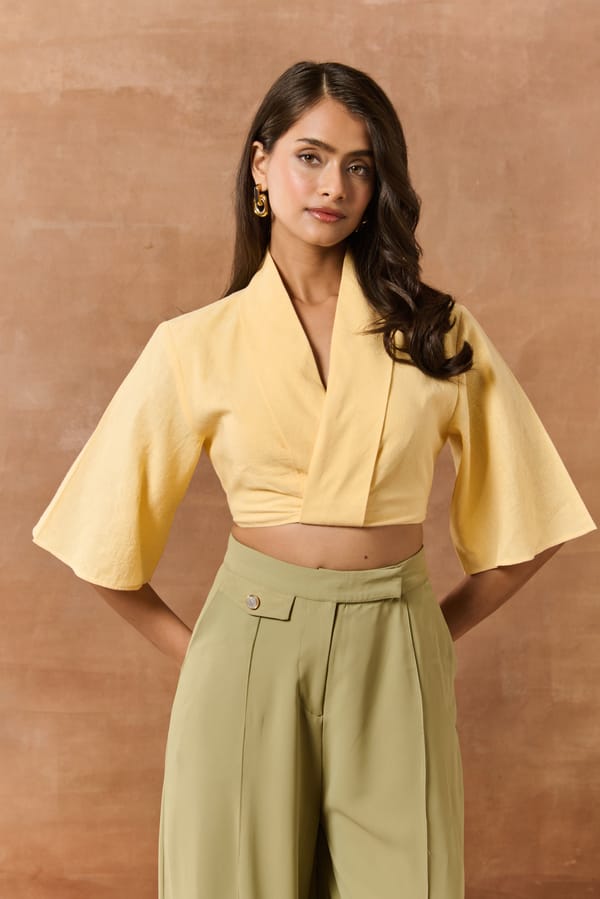 Butter Yellow Linen Wrap Crop Shirt with Bell Sleeves — Lea Clothing