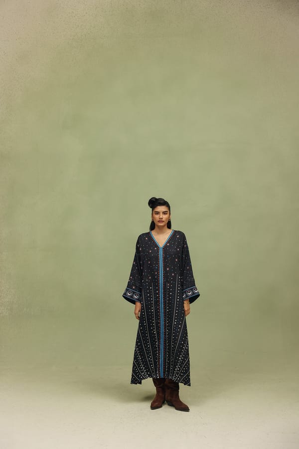Black Printed Maxi Kaftan with V-Neck — SHOP NOIB