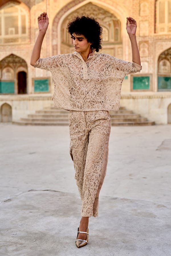 Beige Cord-Embroidered Lace Popover Top with Slip — Dash and Dot