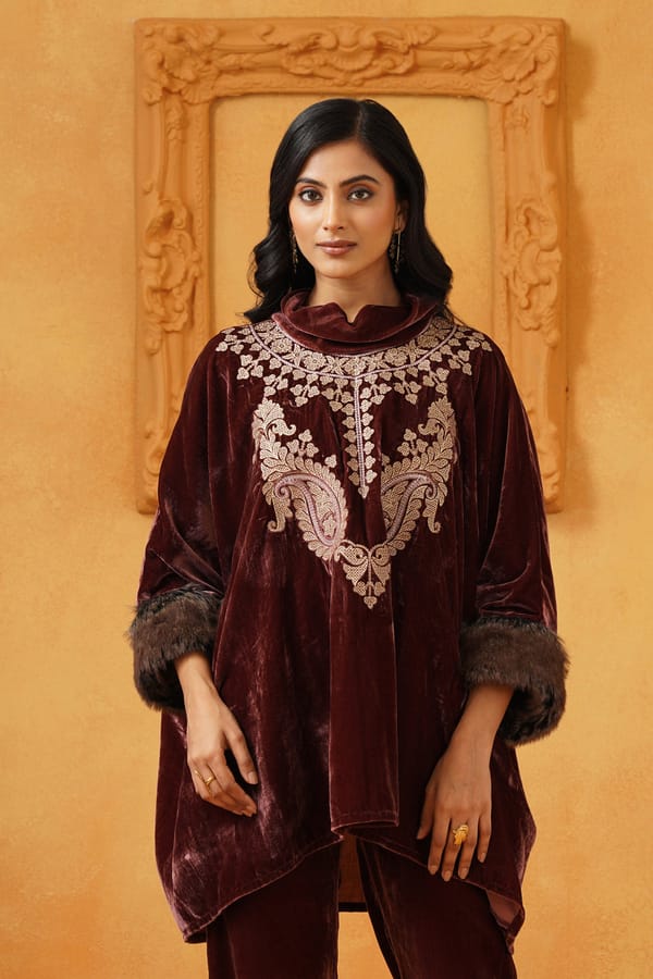 Burnt Rust Velvet Embroidered Poncho Cape — NEETIKA CHOPRA