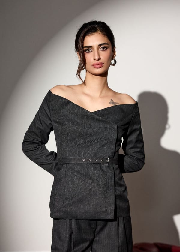 Valence Grey Structured Off-Shoulder Top — Lea Clothing
