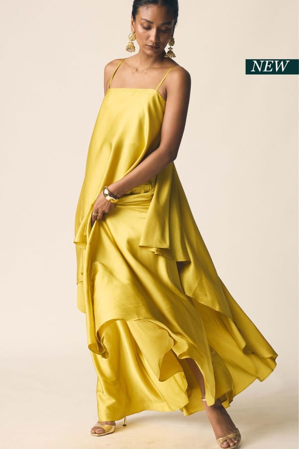 Kesar Yellow Satin Square Neck Top and Maxi Skirt Co-ord Set — Unrush