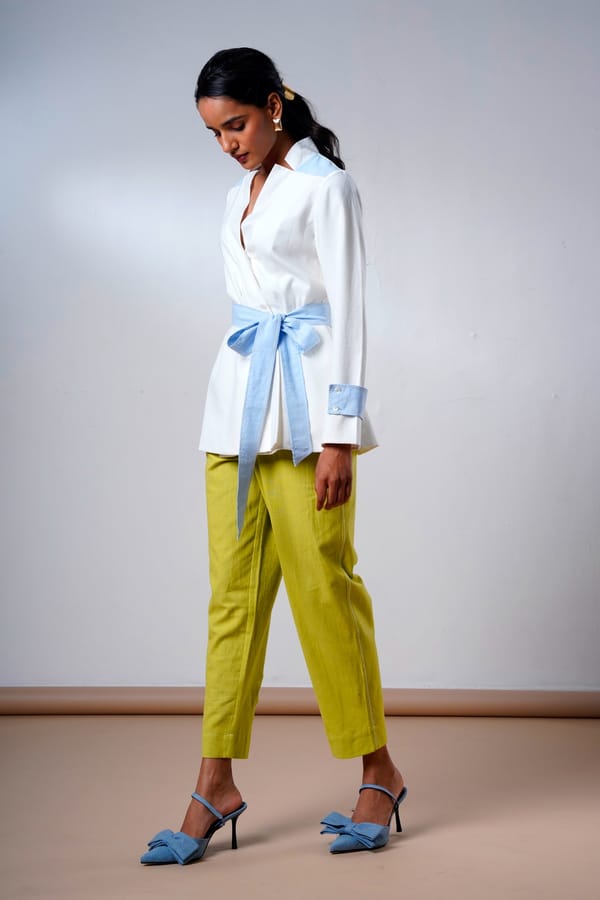 White Cotton Wrap Top with Powder Blue Waist Tie — Madder Much