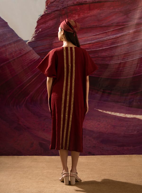 Maroon Block Printed Crinkle Kaftan with Slip and Scandanavian Scarf — Banana Labs