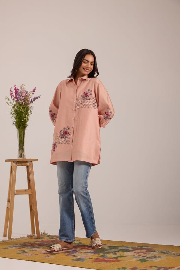 Pink Sheer Mul Chanderi Lace Panel Longline Shirt — Omi Clothing
