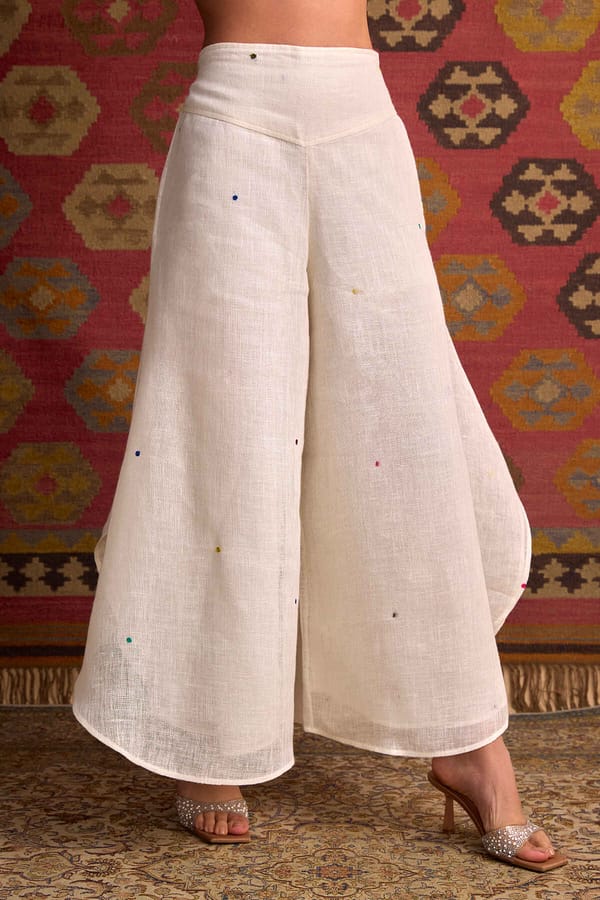 Off White Linen Palazzo Trousers with Wing Hem — YELL