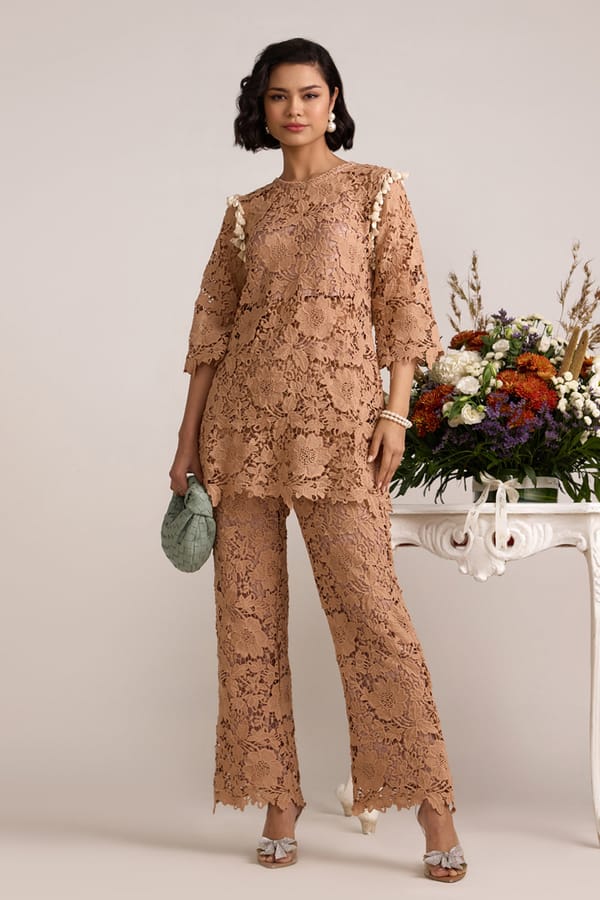 Beige Wide-Leg Lace Pants — AVERIE