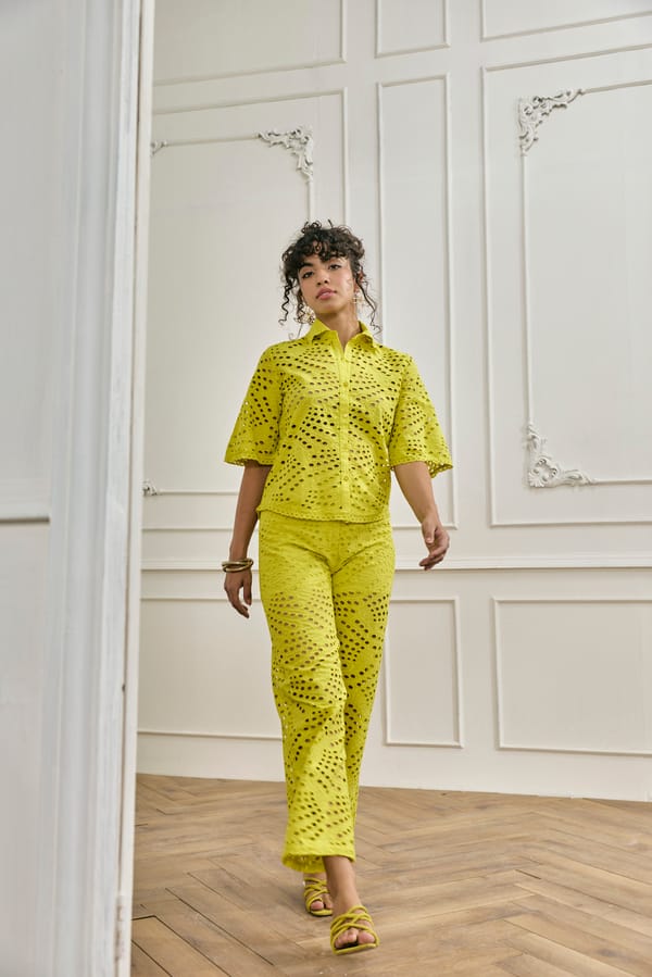 Lime Schiffli Cutwork Straight-Leg Trousers — Style Island