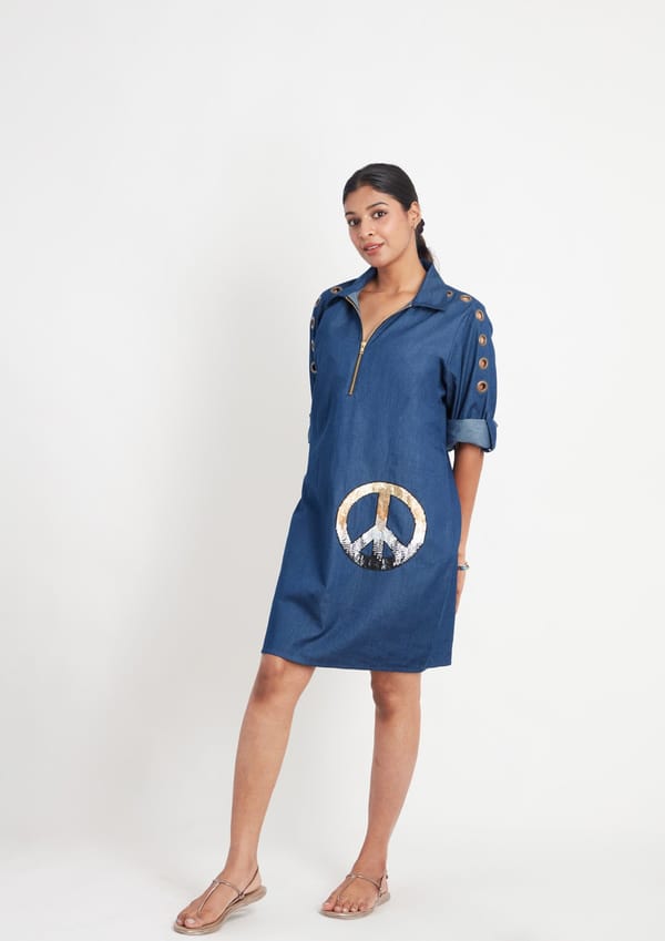 Denim One Piece Dress with Embroidery and Eyelets — Richa Goenka