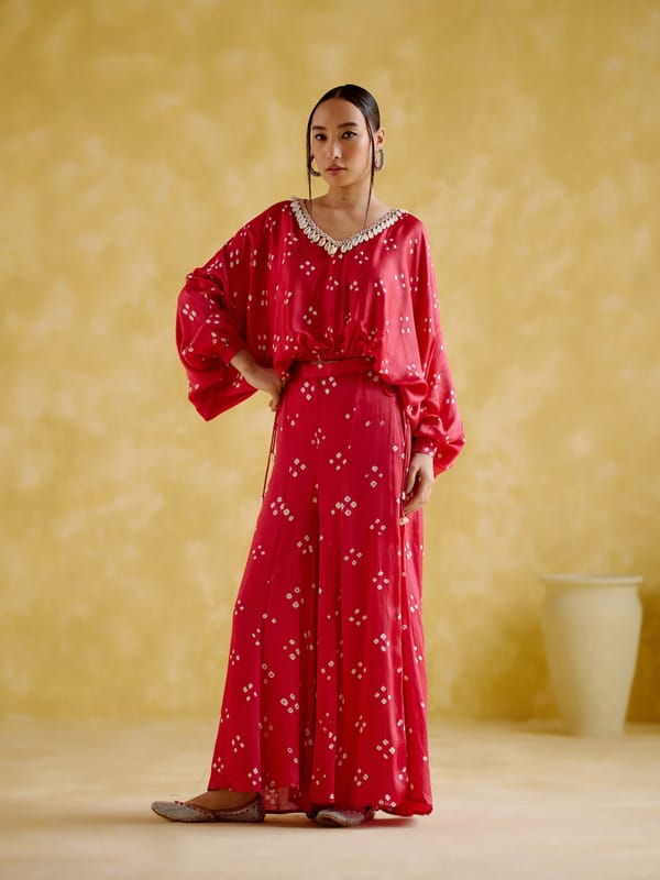 Pink Bandhani Kaftan Top and Sharara Co-ord Set — 5 Elements