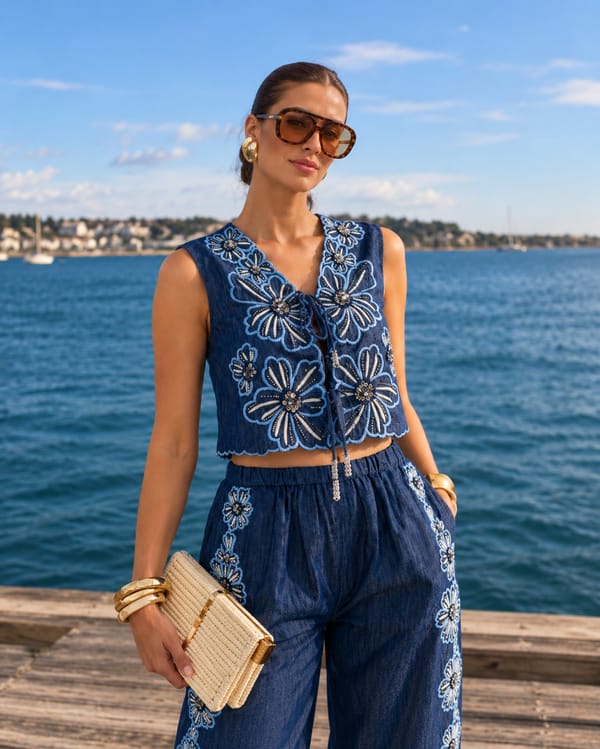 Blue Embroidered Tie-Front Crop Vest Top — Style Island