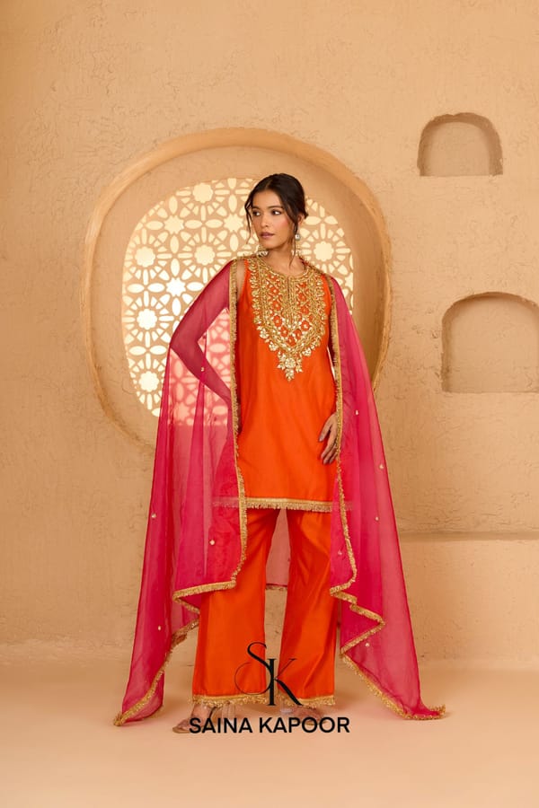 Orange Cotton Chanderi Halter Neck Kurta Pant Set — SAINA KAPOOR