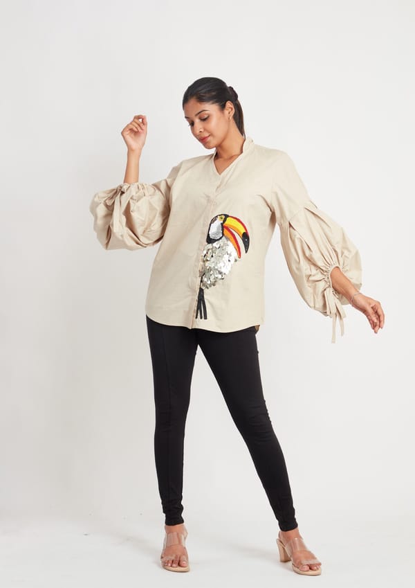 Beige Comfort Fit Cotton Shirt with Balloon Sleeves — Richa Goenka