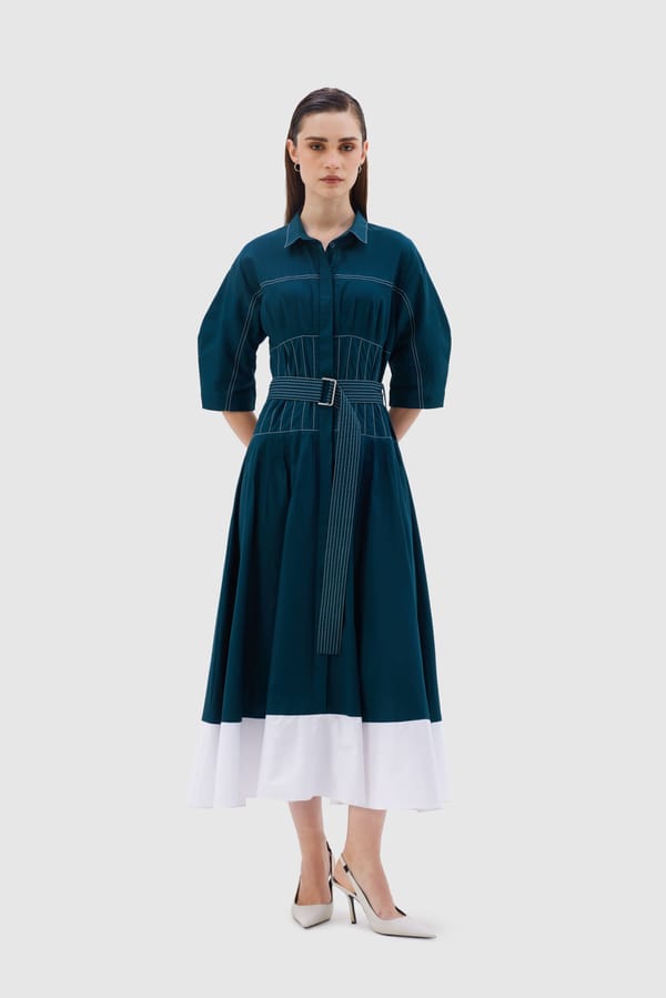 Teal Cotton Poplin Belted Shirt Midi Dress — NOTEBOOK