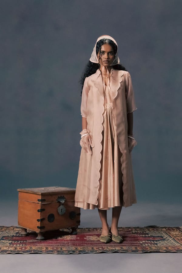 Mocha Mousse Scalloped Jacket & Rose Dress — Arcvsh Pallavi Singh