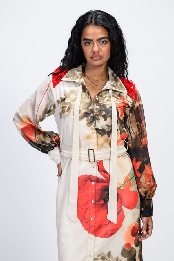 Dark Brown Floral Georgette Midi Shirt Dress with Belt — The Dramebaaz Company