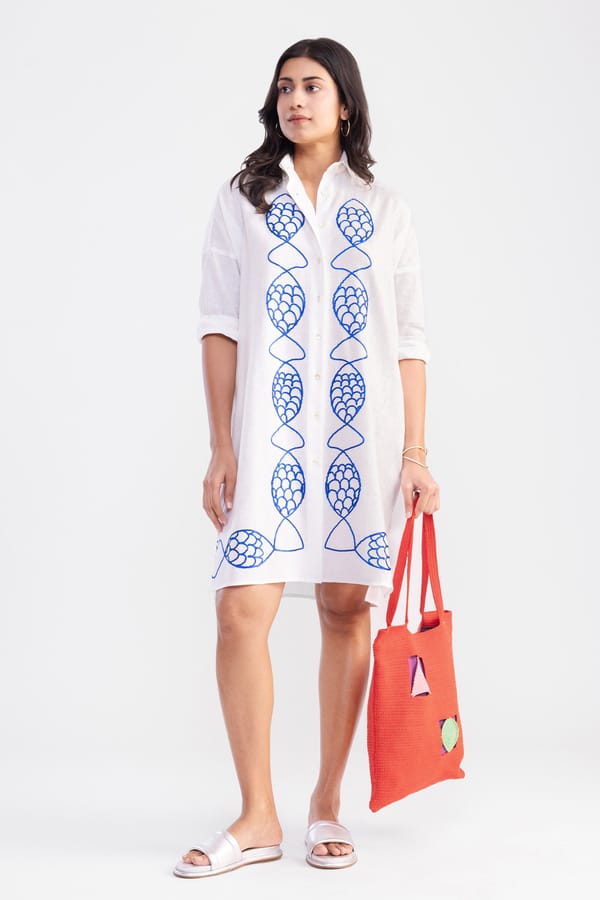 White Mini Shirt Dress with Blue Fish Embroidery — Pooja Aggarwal