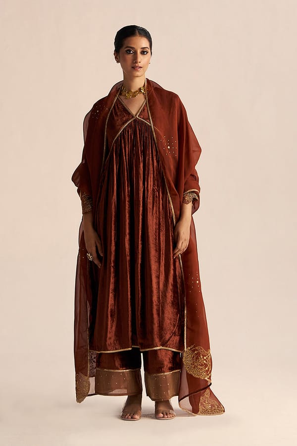 Sequoia Brown Velvet A-Line Kurta Set With Sheer Dupatta — Ganga Fashions Pvt Ltd