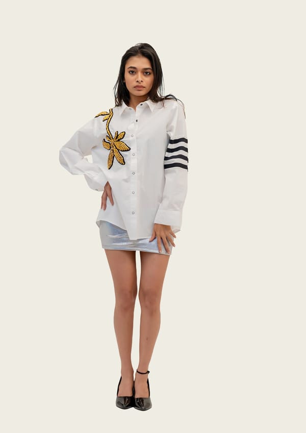 White Cotton Shirt with Studded Embroidered Motif — Richa Goenka