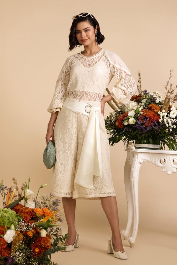 Ivory Lace Top and Cropped Flared Pants Co-ord Set — AVERIE