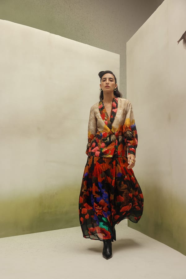Beige and Red Printed Blazer-Style Maxi Dress — SHOP NOIB
