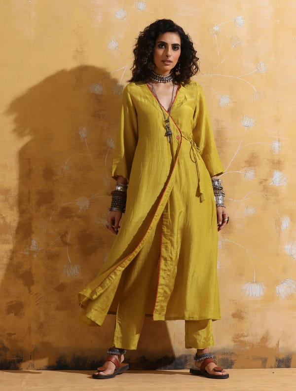 Lime Muslin Silk Angrakha Kurta and Pant Set — Truebrowns