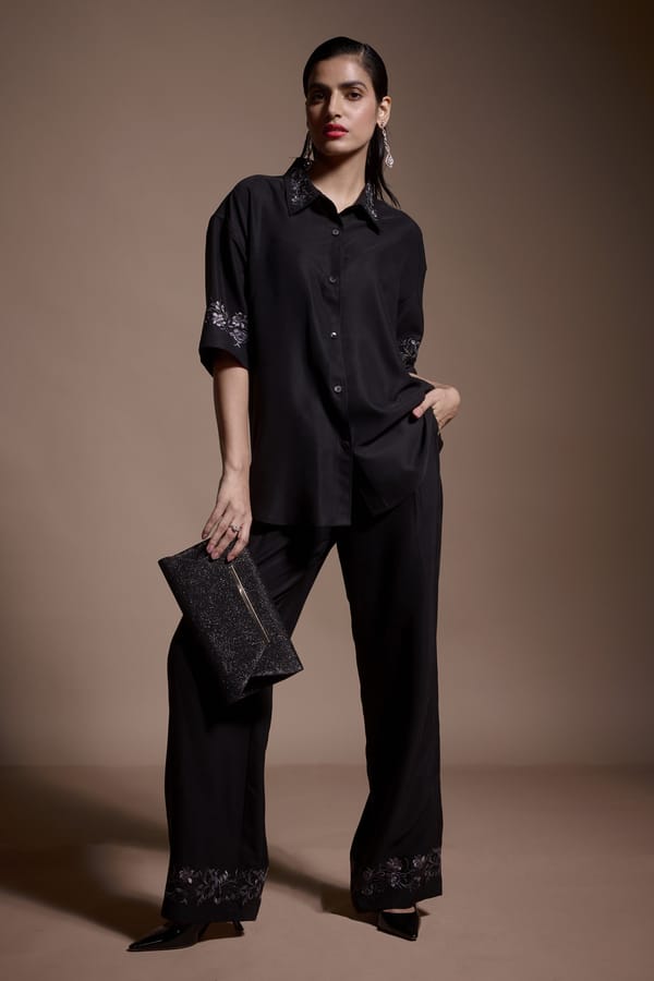 Black Tencel Shirt with Tonal Metallic Embroidery — Dash and Dot