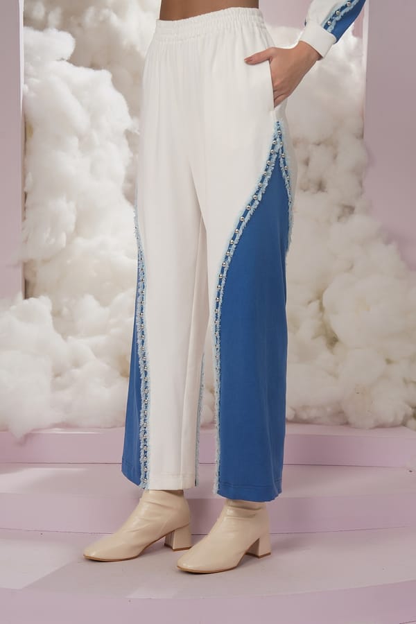 Blue and White Colorblocked Wide-Leg Pull-On Trousers — Chöjé