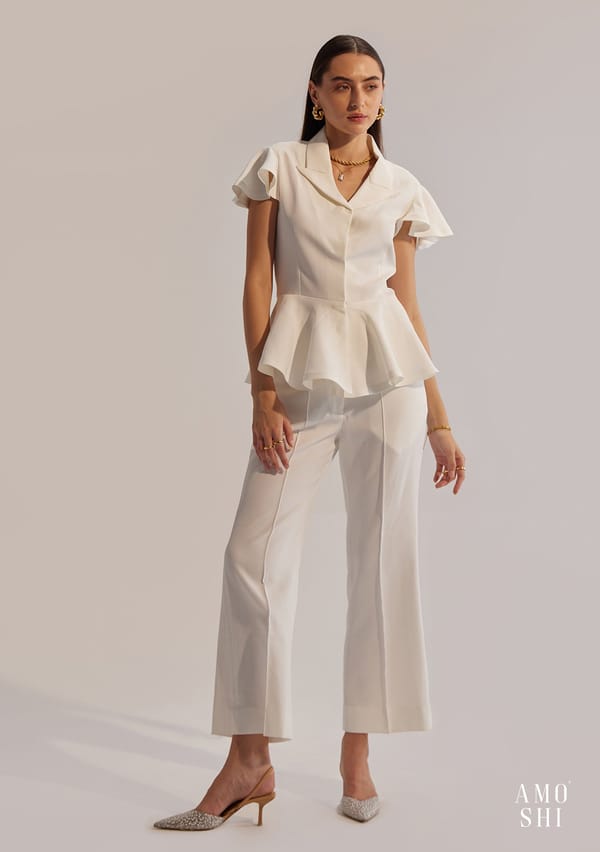 White Peplum Top and Flared Trousers Co-ord Set — AMOSHI