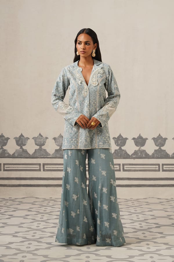 Sea Gray Printed and Embroidered Co-ord Set — NEETIKA CHOPRA