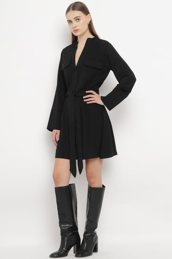 Black Belted Chemisier Mini Dress with Full Sleeves — SILVIAN HEACH