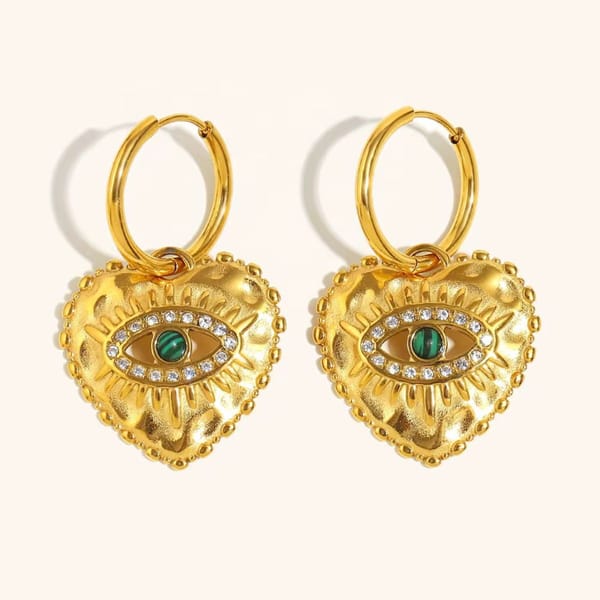 Heart Evil Eye Hoop Earrings with Malachite, Rhea — Inaya Accessories