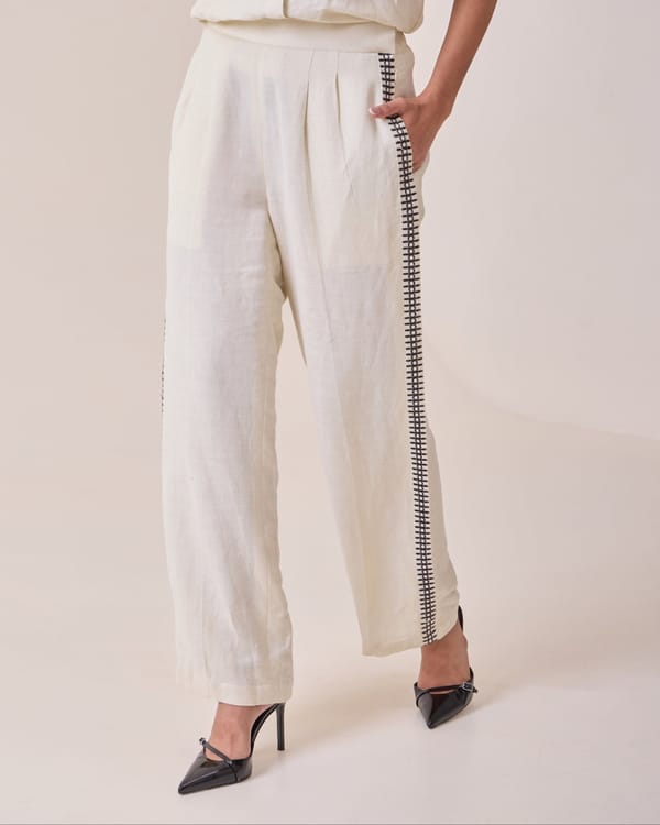Beige Linen Blend Straight-Leg Trousers with Side Threadwork — Needle Ten