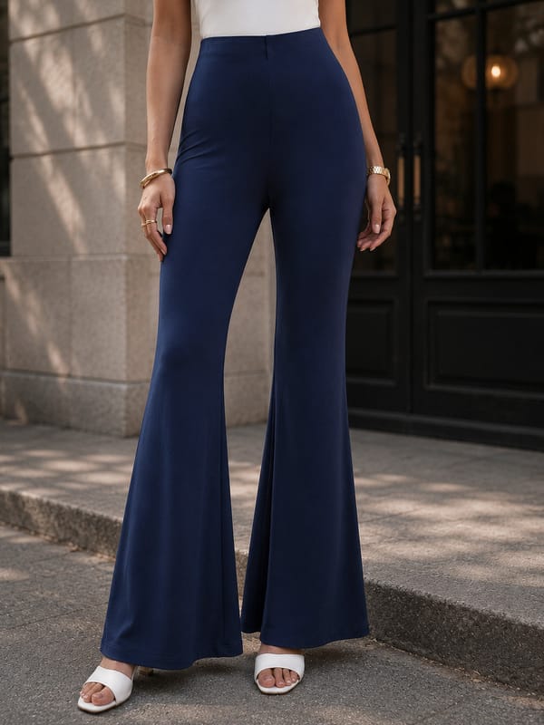 Navy Blue High-Waist Flared Knit Pants — Femmella