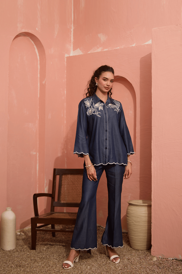 Blue Linen Embroidered Shirt and Flared Pants Co-ord Set — Armoire