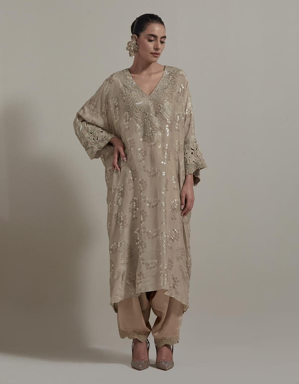 Beige Embroidered Kurta With Pants — Kavita Bhartia