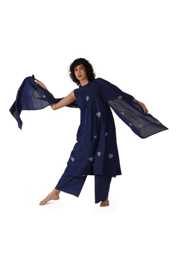 Navy Blue Heart Motif Jamdani Cotton Dress Co-ord Set — Khat