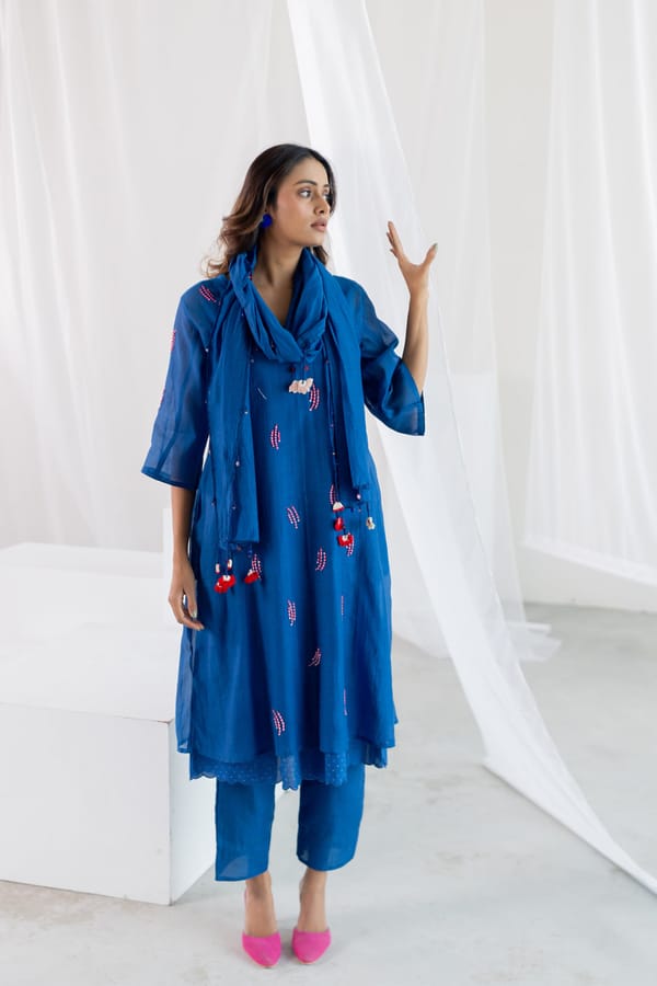 Cobalt Pink Seashore Kurta Set with Stole — Silai studio