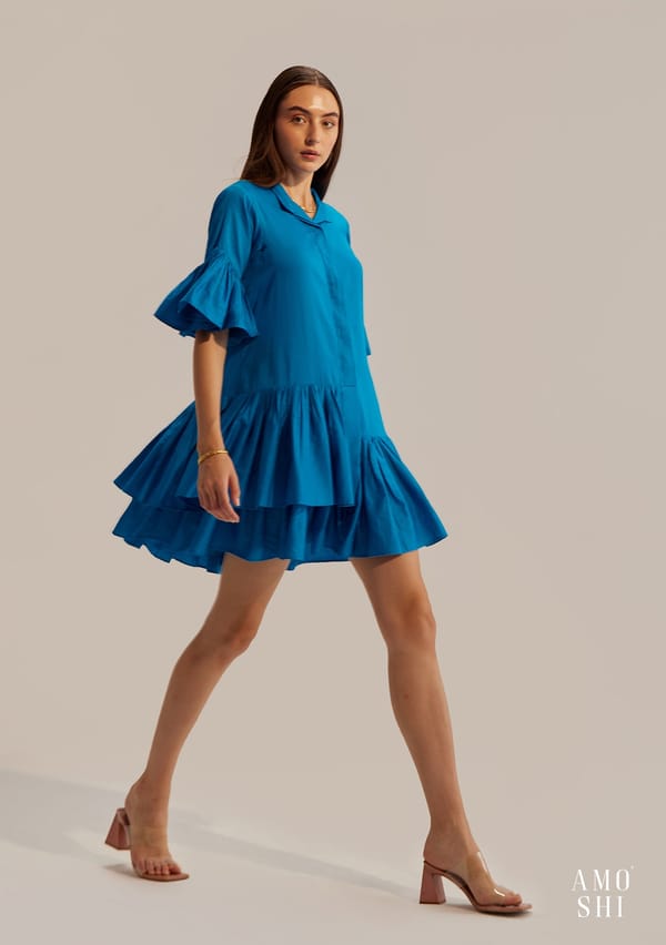 Bright Blue Cotton Button-Down Tiered Mini Dress — AMOSHI