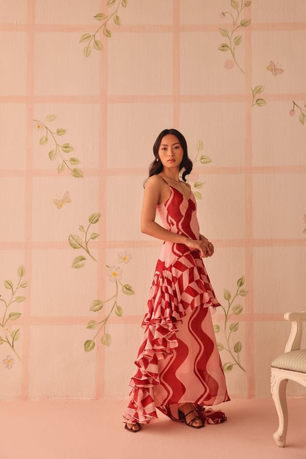 Red and Pink Printed Tiered Ruffle Maxi Dress — Sage by Mala