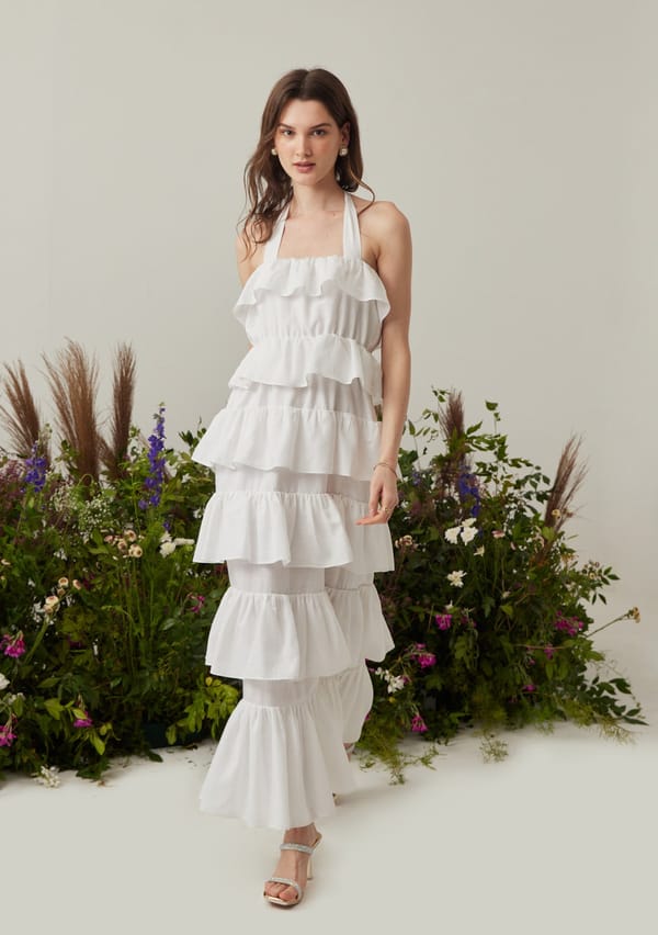 White Halter Neck Tiered Ruffle Maxi Dress — AMOSHI