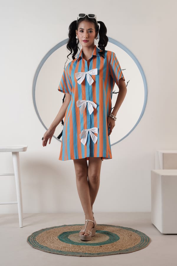Blue and Orange Striped Mini Shirt Dress with Bow Detail — SURABHI ARYA
