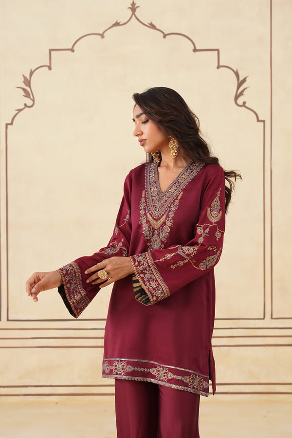 Maroon Embroidered Chanderi Kurta Set with Dupatta — INCHING INDIA