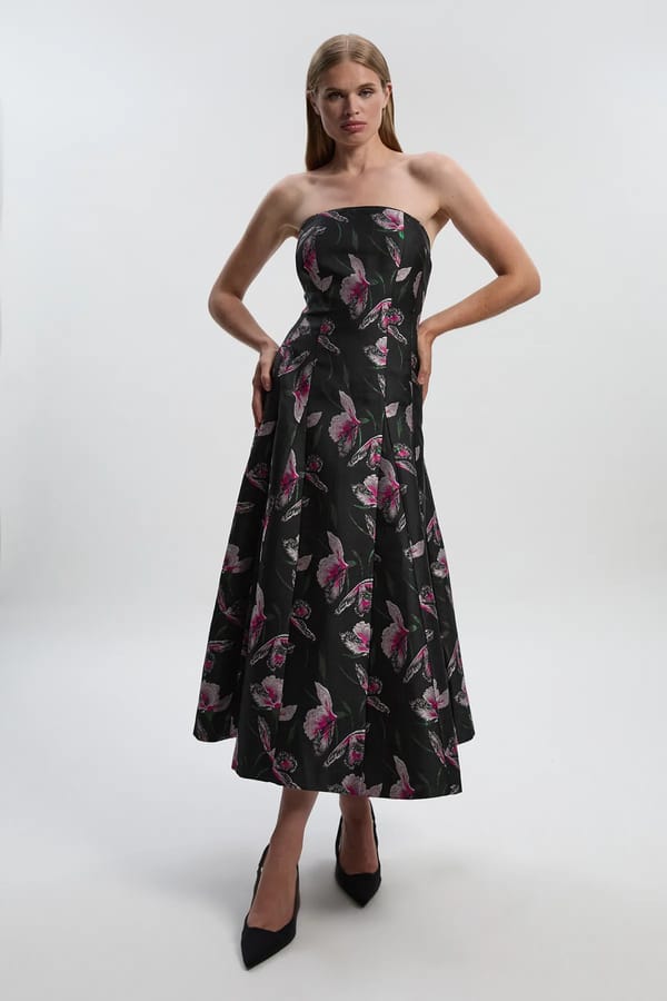 Black Strapless Floral Jacquard Midi Dress — KAREN MILLEN