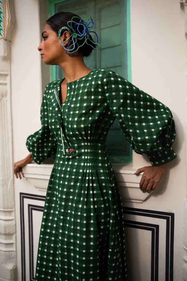 Green Checked Fit and Flare Midi Dress — JODI