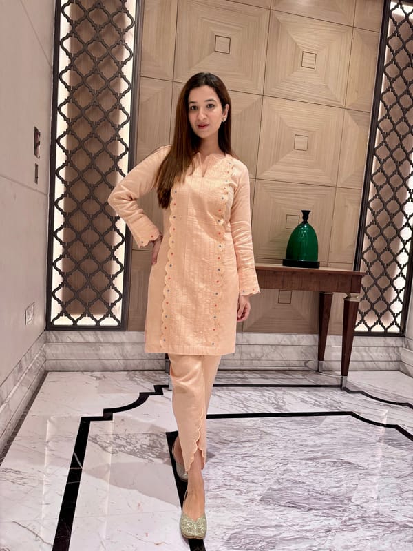 Peach Embroidered Straight Kurta Set with Tulip Pants — GAURI D APPARELS