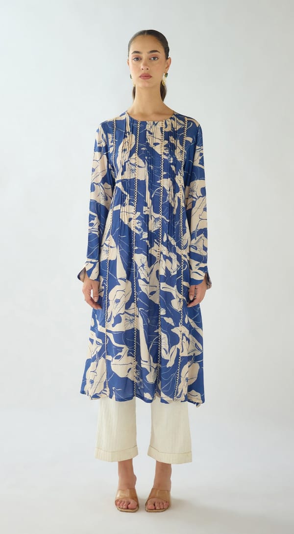 Blue Muslin Abstract Printed Kurta Set with Lace Detail — Basanti Kapde aur Koffee