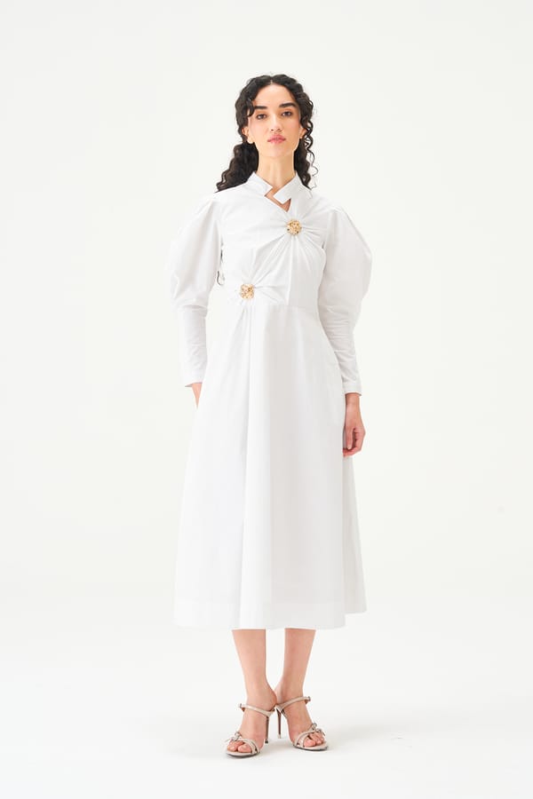 White Cotton Poplin Collared Midi Dress with Gold Accents — NOTEBOOK